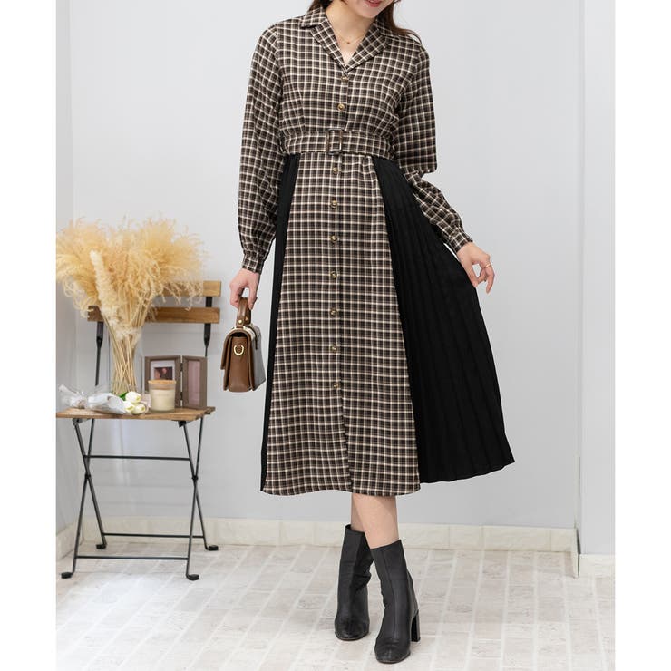 サイドプリーツ チェック柄 ハイウエストベルト付 ロングワンピース