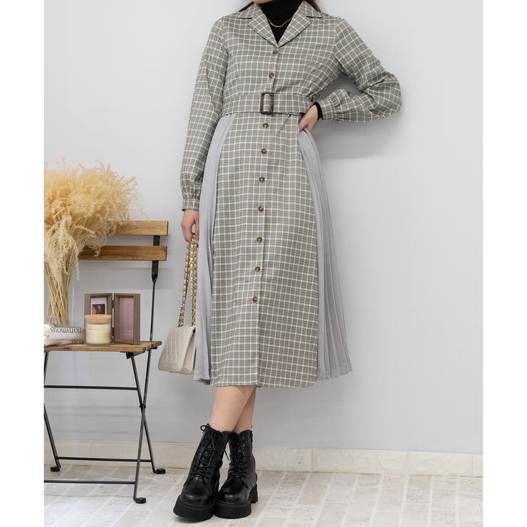 サイドプリーツ チェック柄 ハイウエストベルト付 ロングワンピース