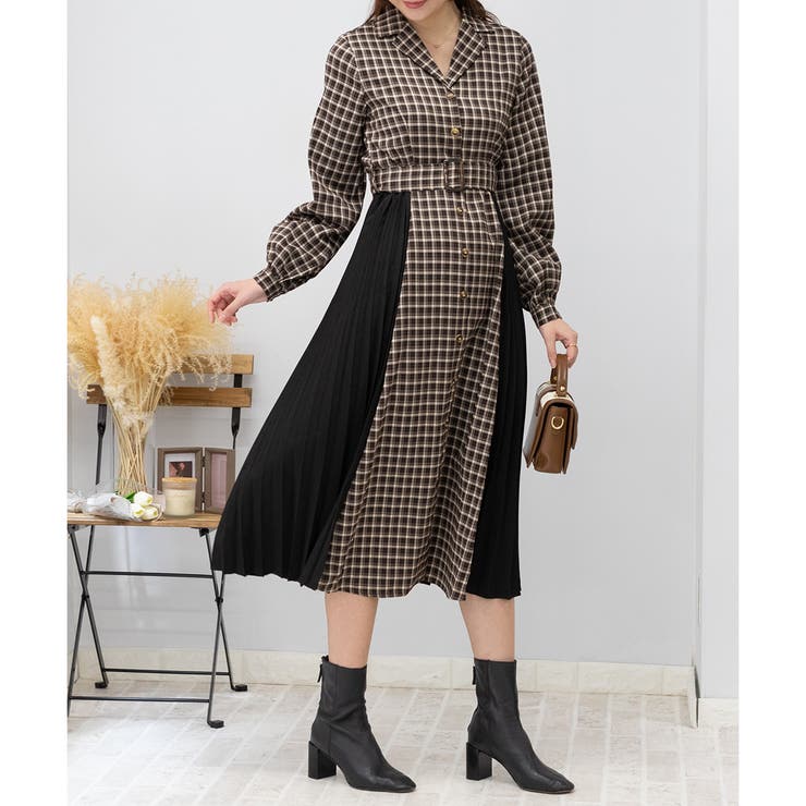 ひ*️様 秋冬物【目立つ傷なし】45Rチェック柄ロングワンピ　サイズフリー　ウー サイドプリーツ チェック柄 ハイウエストベルト付 ロングワンピース