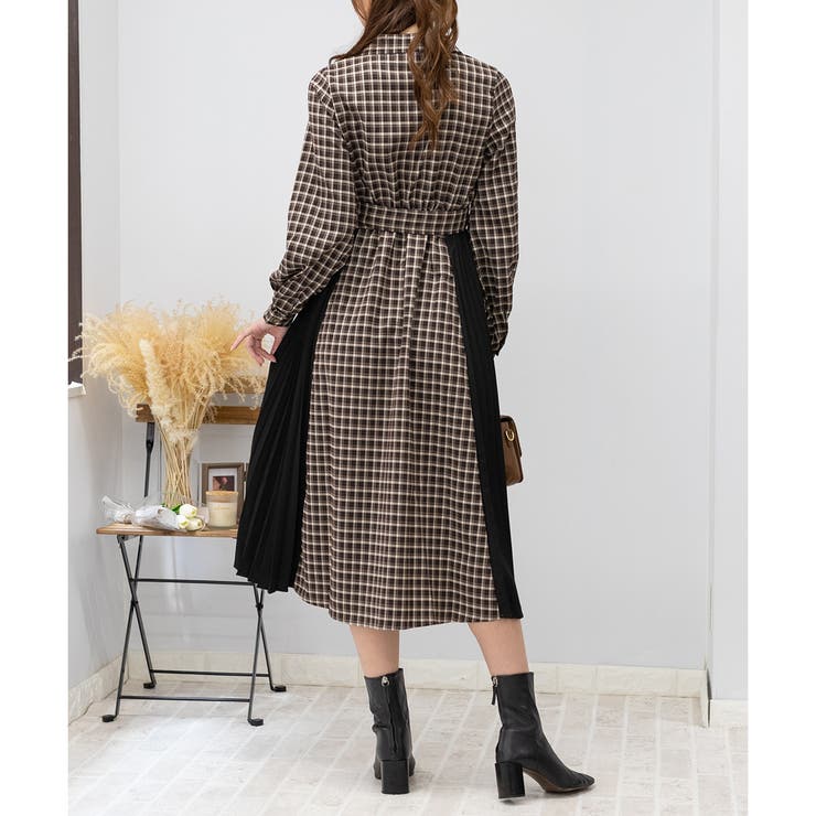 サイドプリーツ チェック柄 ハイウエストベルト付 ロングワンピース