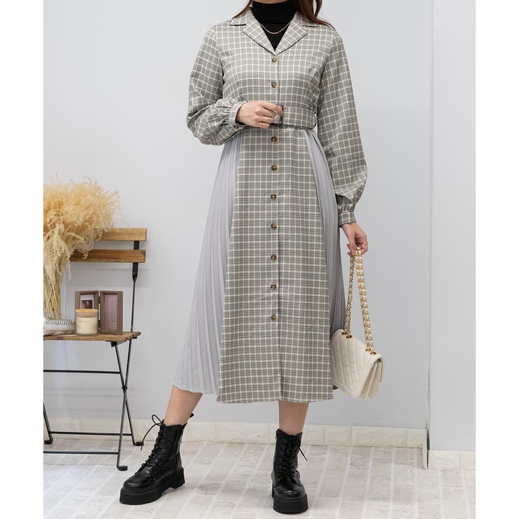 サイドプリーツ チェック柄 ハイウエストベルト付 ロングワンピース