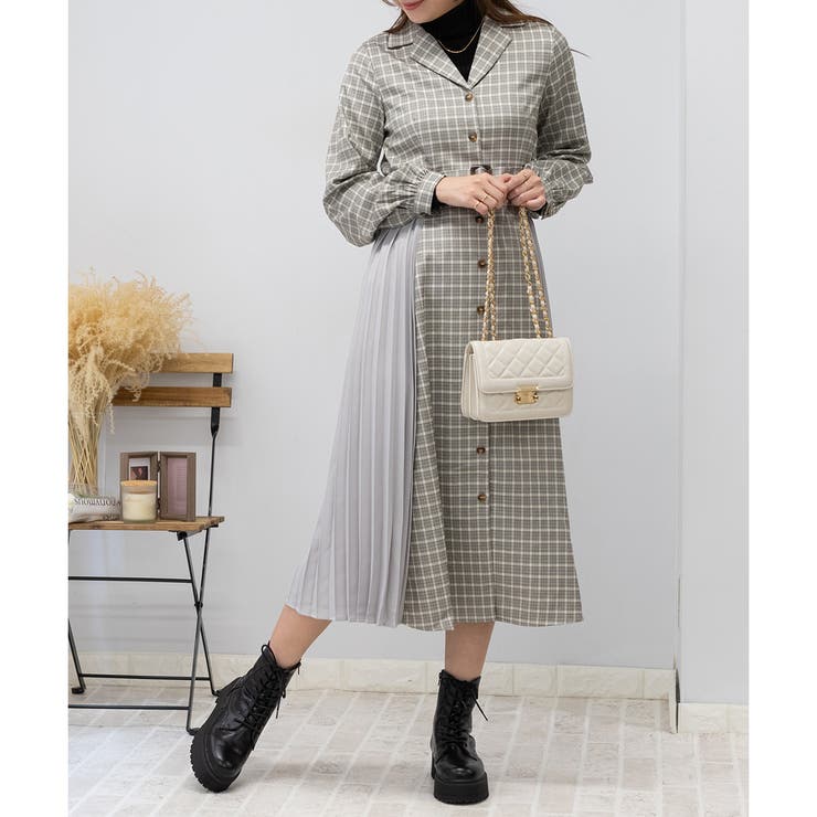サイドプリーツ チェック柄 ハイウエストベルト付 ロングワンピース