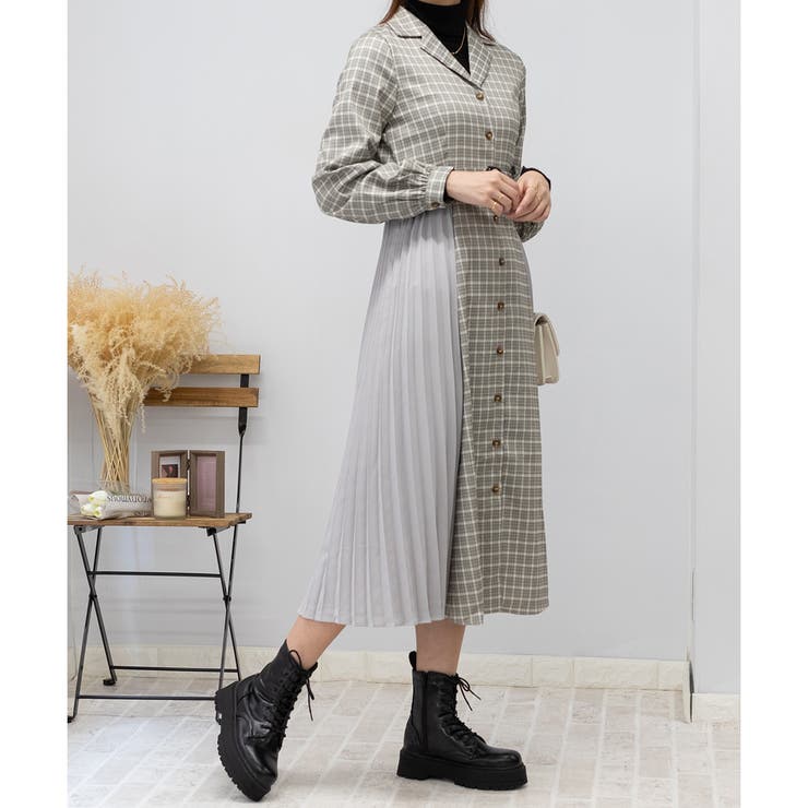 サイドプリーツ チェック柄 ハイウエストベルト付 ロングワンピース