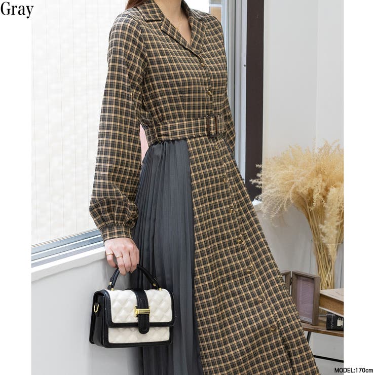 サイドプリーツ チェック柄 ハイウエストベルト付 ロングワンピース
