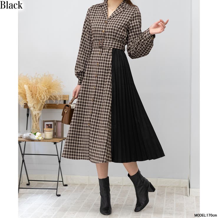 サイドプリーツ チェック柄 ハイウエストベルト付 ロングワンピース