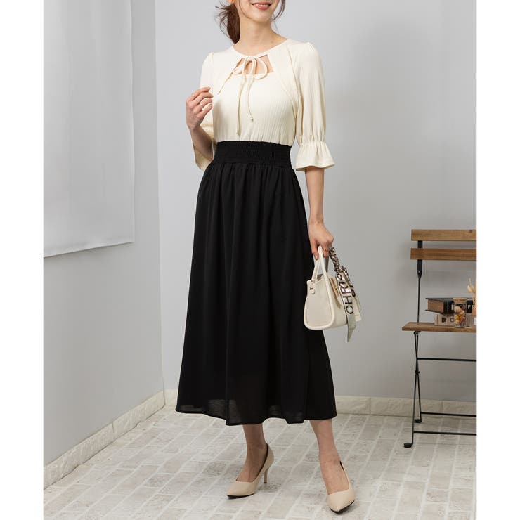 デコルテリボンドッキングワンピース デコルテリボン ドッキングワンピース[品番：PPNW0003607]｜Pumpkin