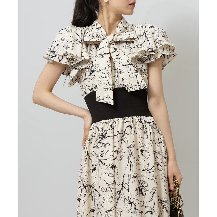 フリル袖 花柄 ウエストリブ切替 ボウタイ ワンピース[品番