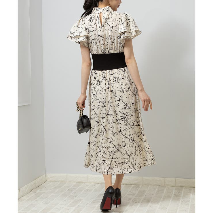 フリル袖 花柄 ウエストリブ切替 ボウタイ ワンピース[品番