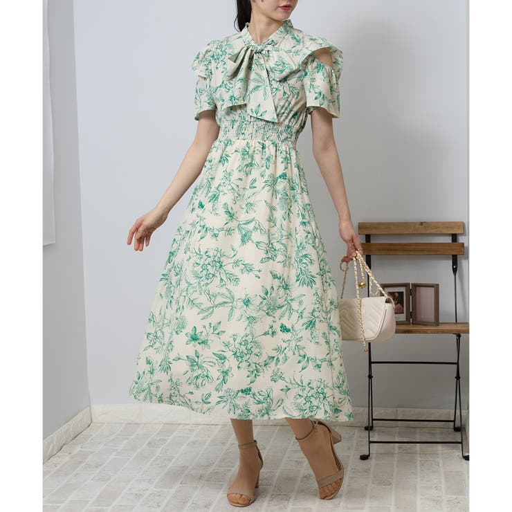 フリル肩開き 花柄 ボウタイワンピース[品番：PPNW0003584