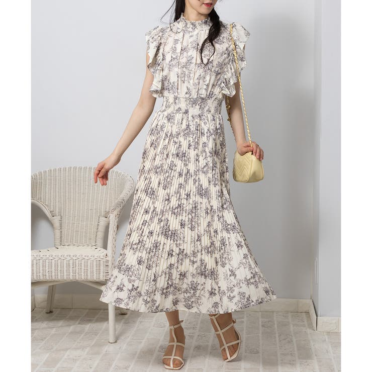 花柄 フリル袖 プリーツ ワンピース[品番:PPNW0003620 花柄 フリル袖 プリーツ ワンピース[品番:PPNW0003620