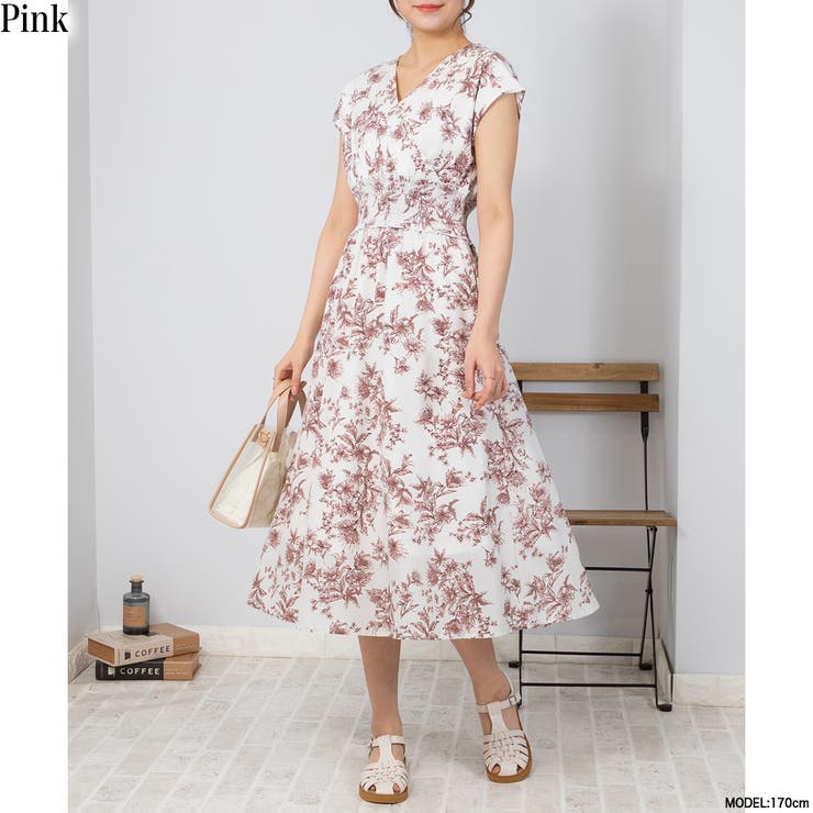 ピンク | 花柄 カシュクール ウエストシャーリング ワンピース | Pumpkin  Port