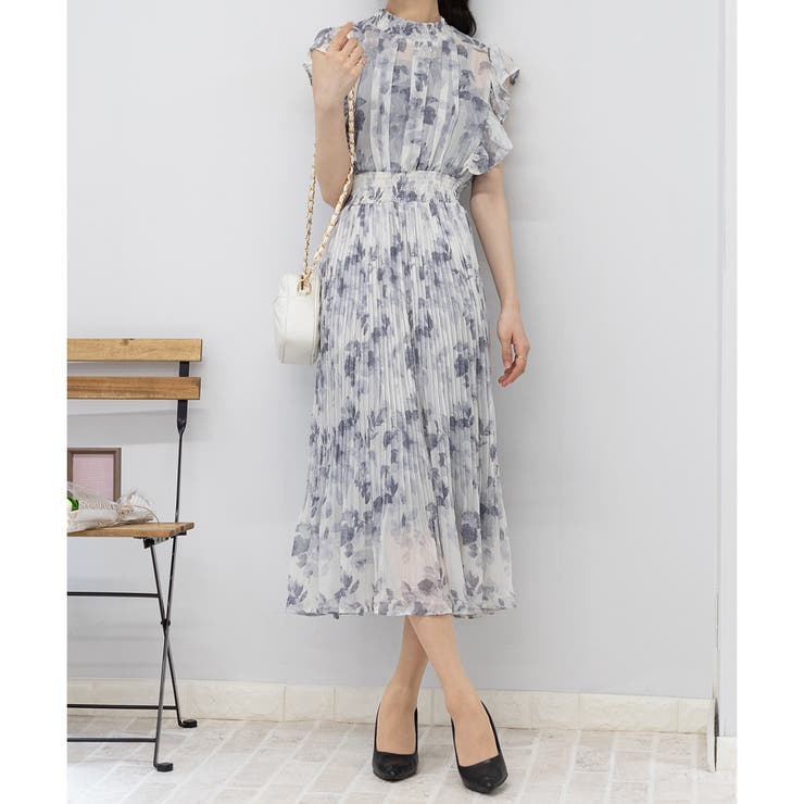 ぼかし柄 フリル袖 消しプリーツ ロングワンピース[品番