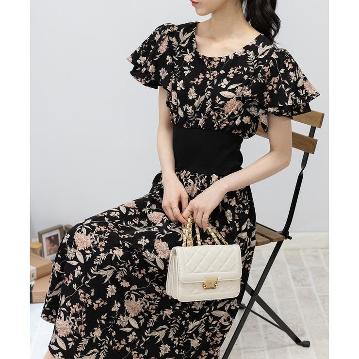 2枚フリルボリューム袖 ハイウエストリブ切替 花柄 ロングワンピース | Pumpkin  Port | 詳細画像12 