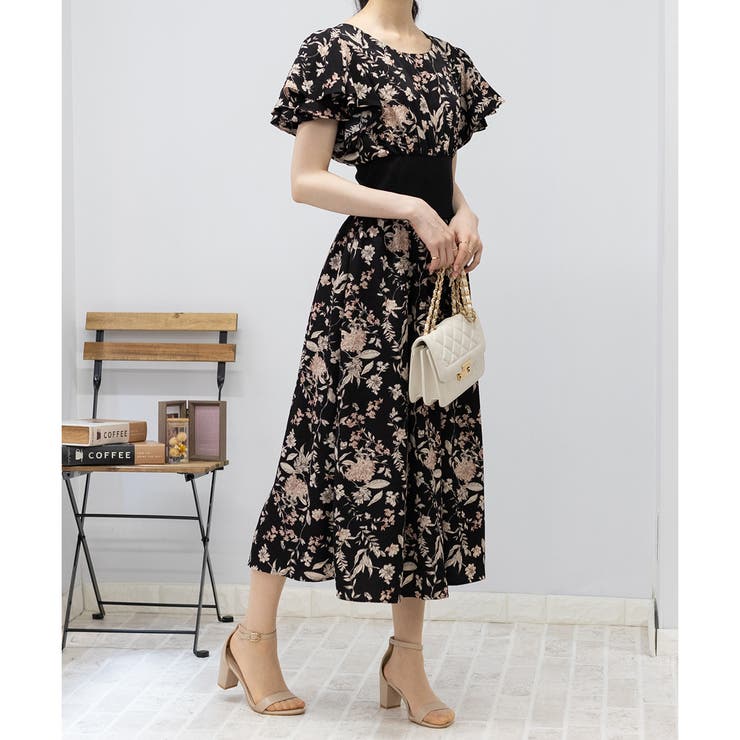 2枚フリルボリューム袖 ハイウエストリブ切替 花柄 ロングワンピース | Pumpkin  Port | 詳細画像13 