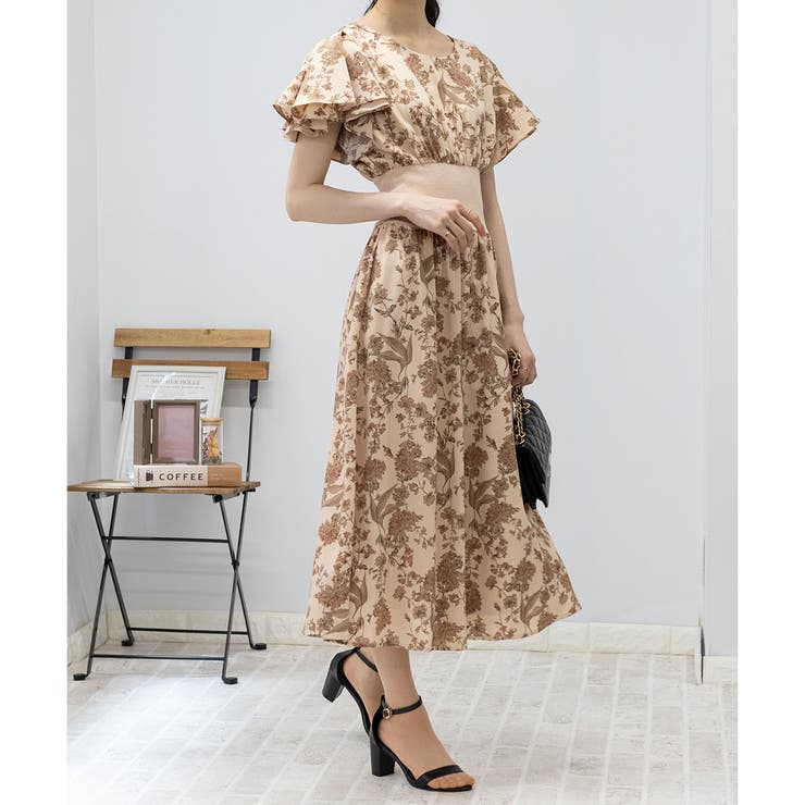 2枚フリルボリューム袖 ハイウエストリブ切替 花柄 ロングワンピース | Pumpkin  Port | 詳細画像7 