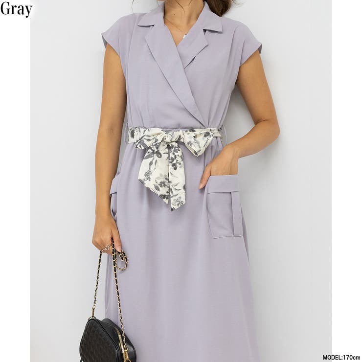 グレー | 大人見え ハイウエスト 花柄リボンベルト ミディ丈 ワンピース | Pumpkin  Port