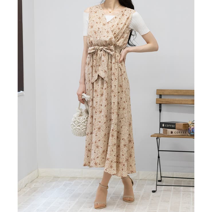 ボタニカル柄 カシュクール ウエストリボン ロングワンピース[品番