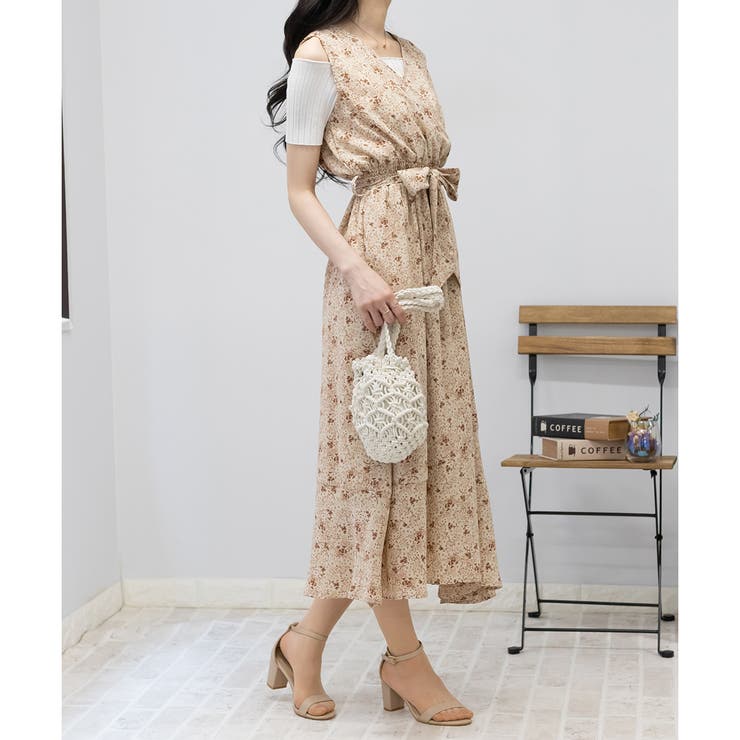 カシュクール ロングワンピース ボタニカル柄 ルーズ ポケット ナチュラルでおしゃれなボタニカル柄のカシュクールロング