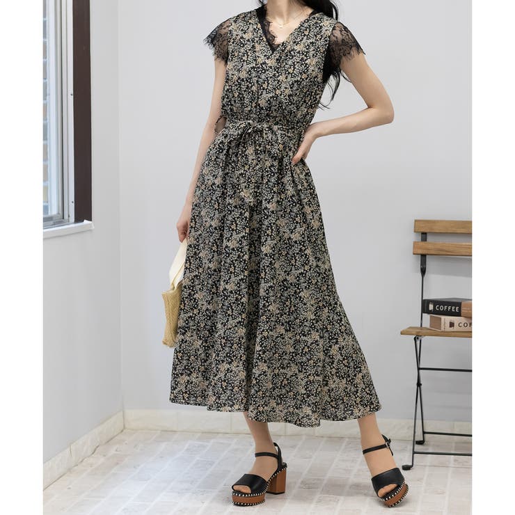 ボタニカル柄 カシュクール ウエストリボン ロングワンピース[品番