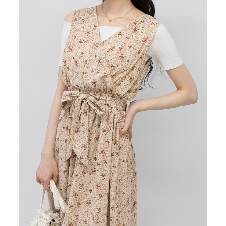 カシュクール ロングワンピース ボタニカル柄 ルーズ ポケット ナチュラルでおしゃれなボタニカル柄のカシュクールロング