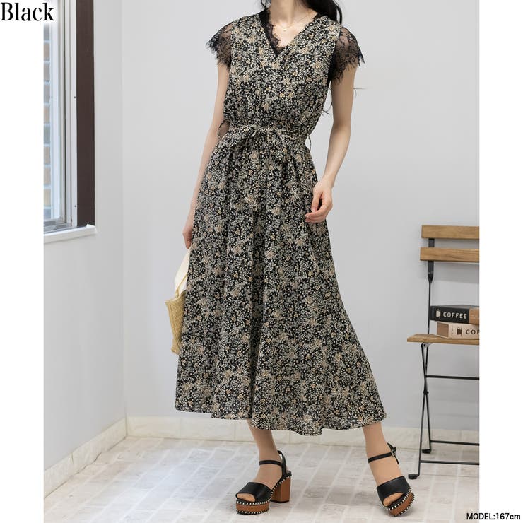 ボタニカル柄 カシュクール ウエストリボン ロングワンピース