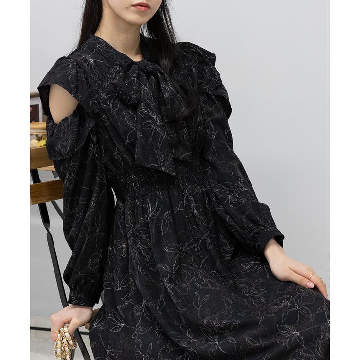 花柄 肩あきフリル ボウタイ[品番：PPNW0003815]｜Pumpkin Port