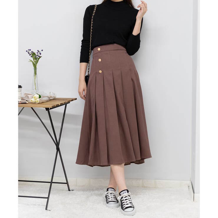 ブラウン プリーツロングスカート 約91センチ サイド ゴールドボタン プリーツロングスカート[品番