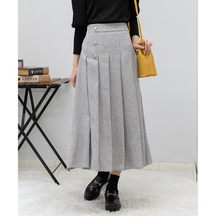 グレー プリーツロングスカート サイドボタン付き ツィード サイドゴールドボタン プリーツロングスカート[品番