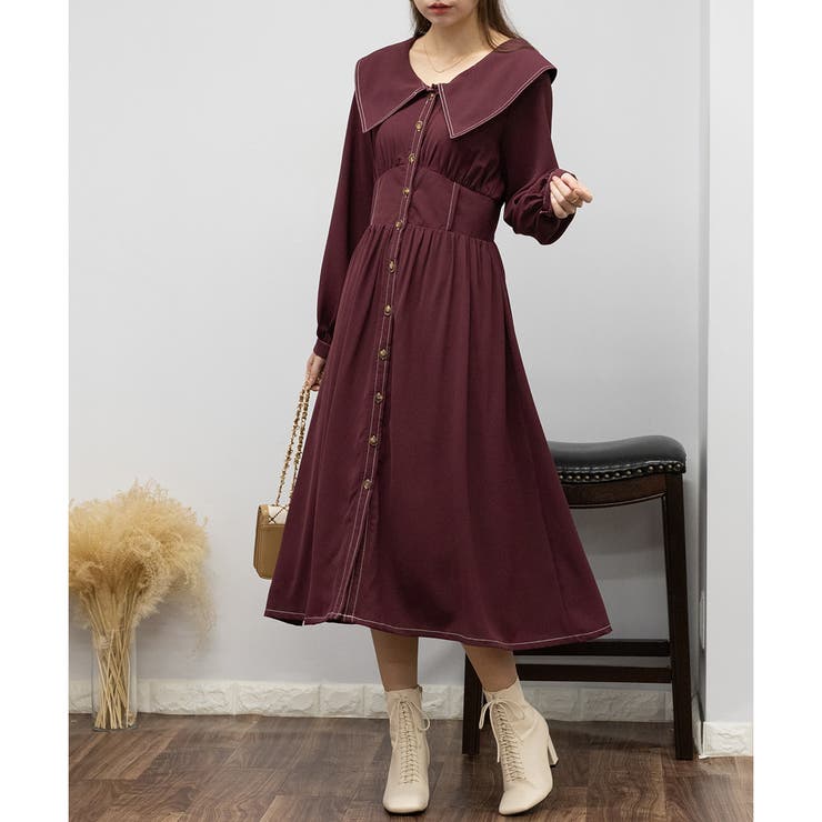 BACKリボン 襟付き ロングワンピース[品番：PPNW0003944]｜Pumpkin