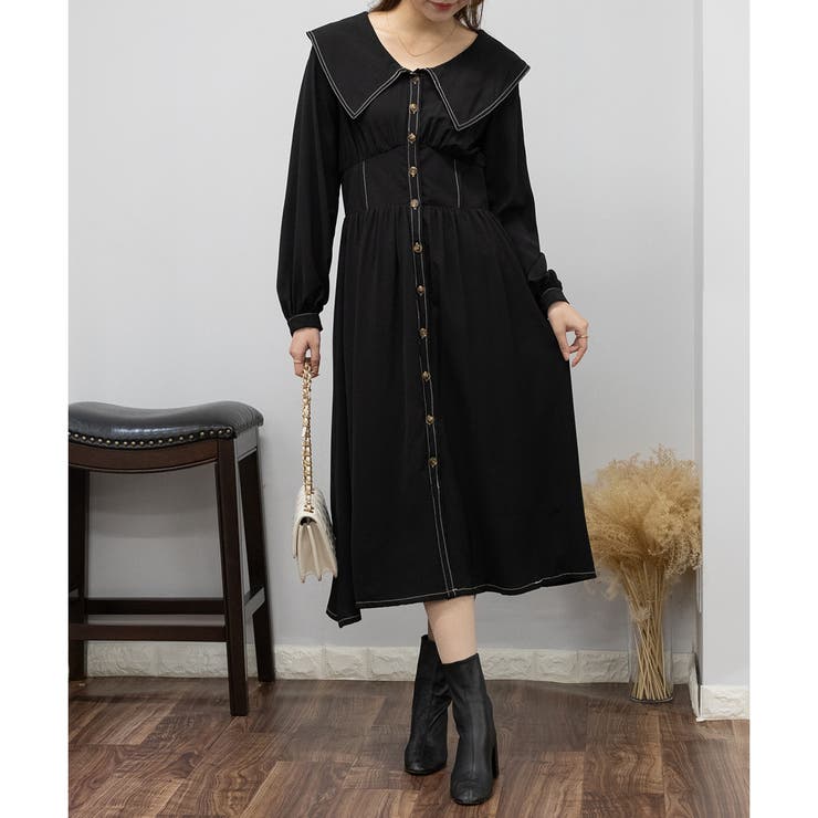 BACKリボン 襟付き ロングワンピース[品番：PPNW0003944]｜Pumpkin