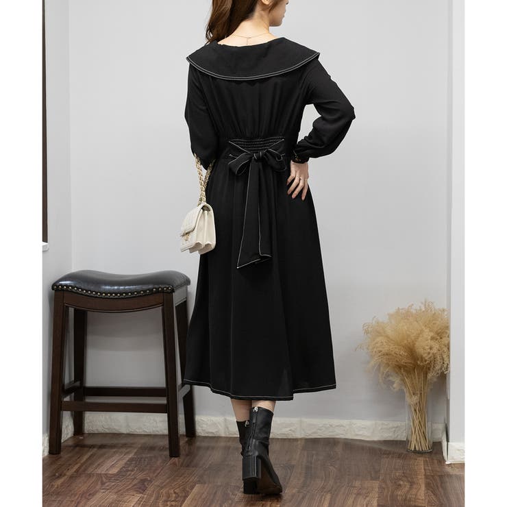 BACKリボン 襟付き ロングワンピース[品番：PPNW0003944]｜Pumpkin