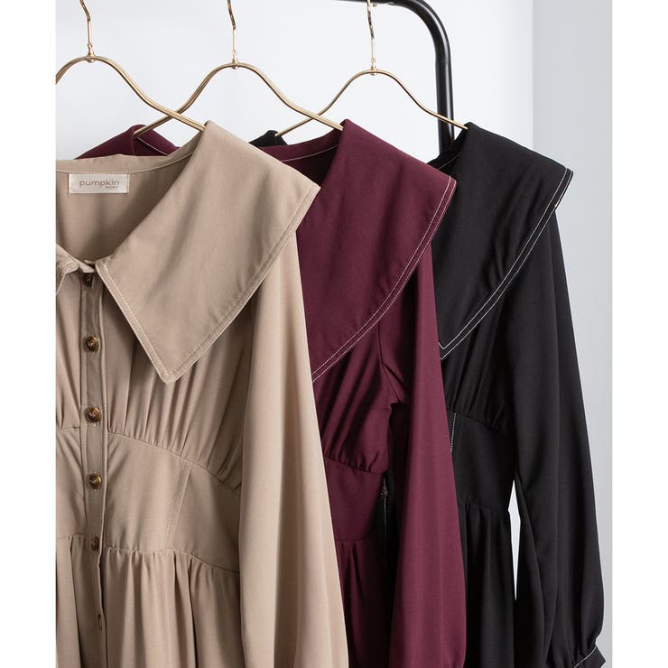 BACKリボン 襟付き ロングワンピース[品番：PPNW0003944]｜Pumpkin