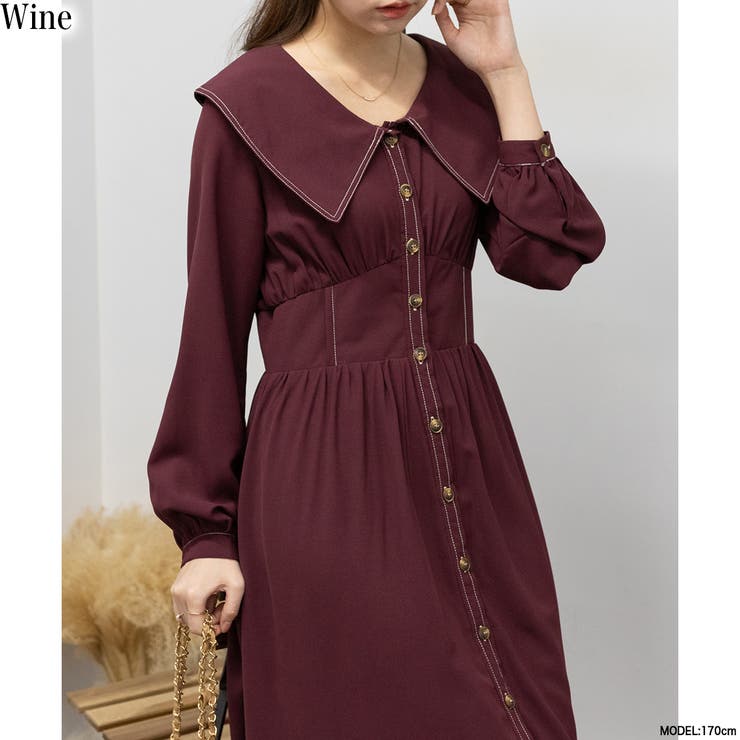 BACKリボン 襟付き ロングワンピース[品番：PPNW0003944