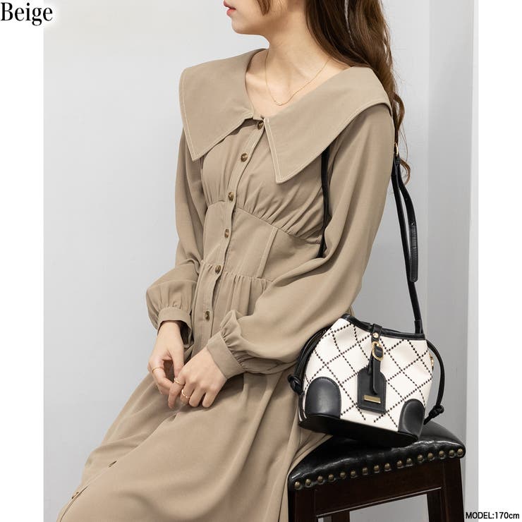 ゆったりめ/フリル襟のワンピース/ピンパーネル/フロントリボン/モカ ゆったりめ/フリル襟のワンピース/ピンパーネル/フロントリボン/モカ