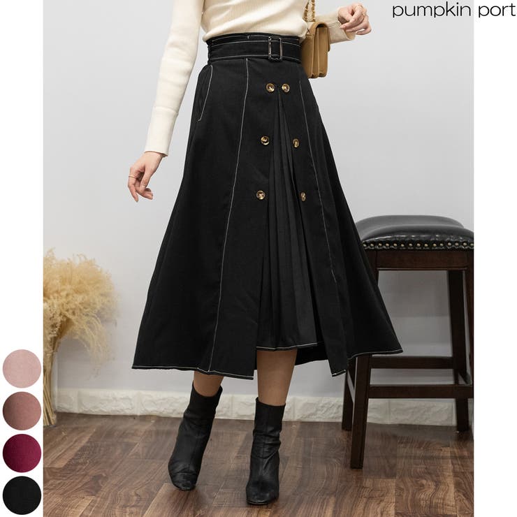 希少　美品　プリーツプリーズ　ドッキングスカート　切り替え　黒　サイズ4 フロントプリーツ切替 きれいめ ロングスカート[品番：PPNW0003945