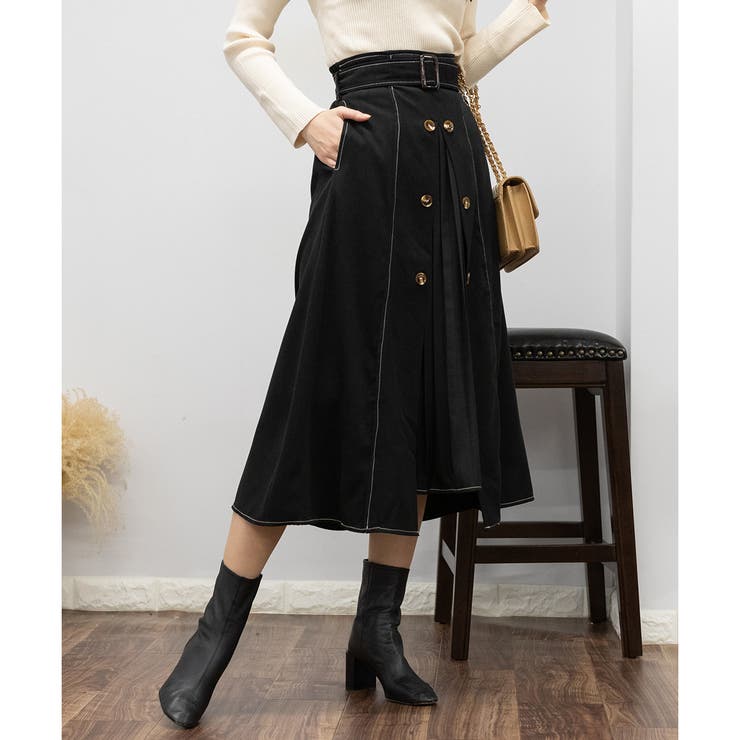 フロントプリーツ切替 きれいめ ロングスカート[品番：PPNW0003945