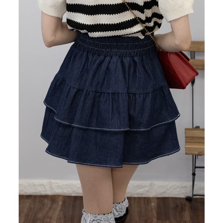 ストレッチデニム 2段フリル インパン付ミニスカート[品番