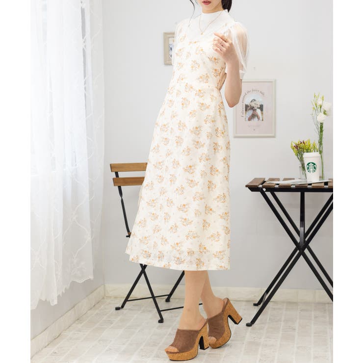 23SS bonjour diary キャミ ワンピース 花柄 リボン 12y 花柄レース地 BACKリボン チュールスリット ロングキャミ