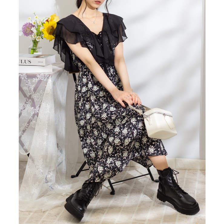 花柄 Wフリル襟 細リボン ロングワンピース[品番：PPNW0004280