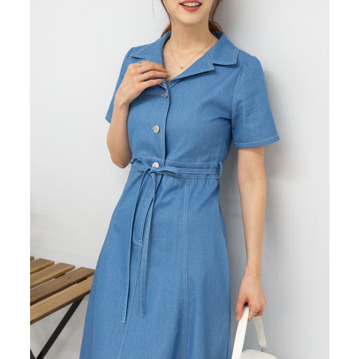 ストレッチ デニム リボンベルト 配色ステッチ ロングワンピース | Pumpkin  Port | 詳細画像11 