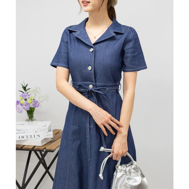 【予約販売品】 ストレッチ デニム リボンベルト 配色ステッチ ロングワンピース ワンピース
