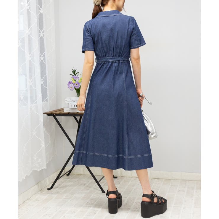 ストレッチ デニム リボンベルト 配色ステッチ ロングワンピース | Pumpkin  Port | 詳細画像17 