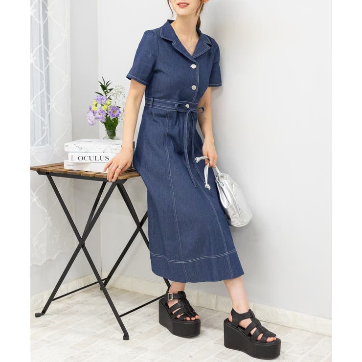 ストレッチ デニム リボンベルト 配色ステッチ ロングワンピース | Pumpkin  Port | 詳細画像19 