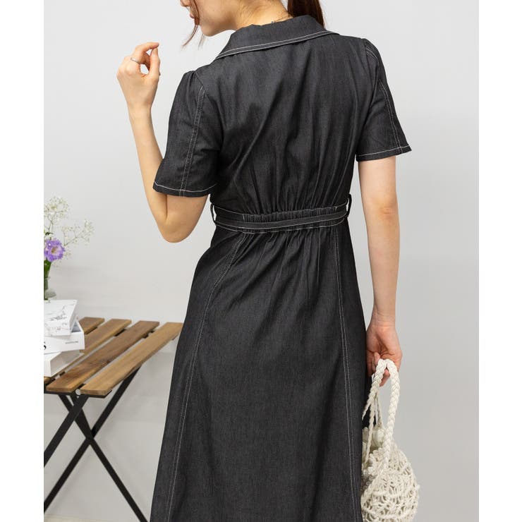 ストレッチ デニム リボンベルト 配色ステッチ ロングワンピース | Pumpkin  Port | 詳細画像25 