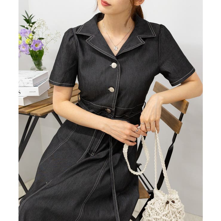 ストレッチ デニム リボンベルト 配色ステッチ ロングワンピース | Pumpkin  Port | 詳細画像28 