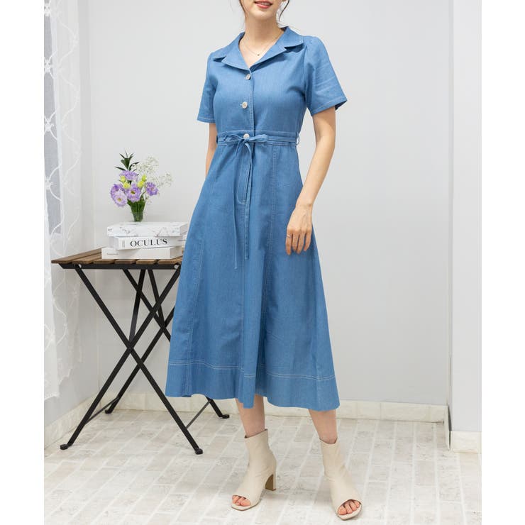 ストレッチ デニム リボンベルト 配色ステッチ ロングワンピース | Pumpkin  Port | 詳細画像3 