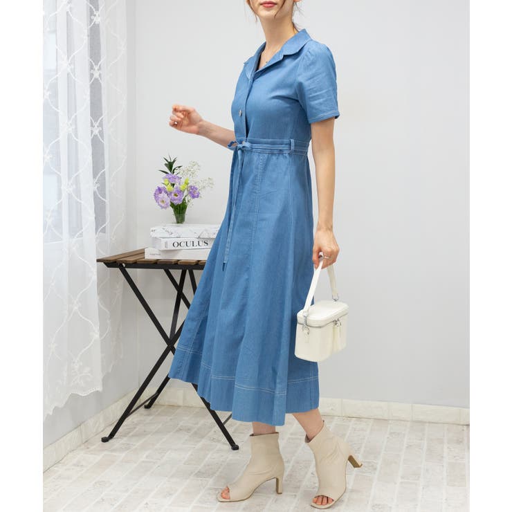 ストレッチ デニム リボンベルト 配色ステッチ ロングワンピース | Pumpkin  Port | 詳細画像5 