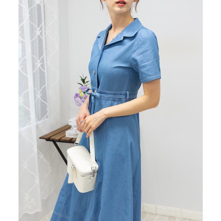 ストレッチ デニム リボンベルト 配色ステッチ ロングワンピース | Pumpkin  Port | 詳細画像7 