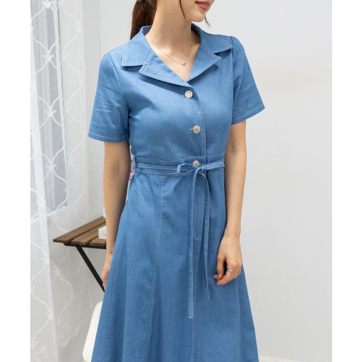 ストレッチ デニム リボンベルト 配色ステッチ ロングワンピース | Pumpkin  Port | 詳細画像8 