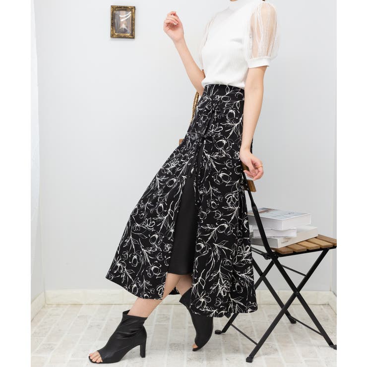 サイドスリットリボン付き 花柄 ロングスカート[品番